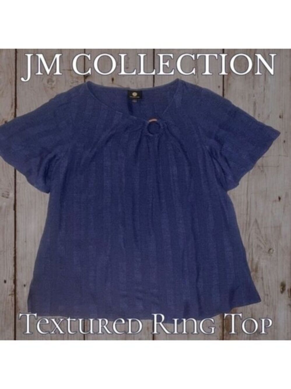 JM COLLECTION Short Flutter Sleeve Relaxed Scoop Neck w/Ring Accent Top-NWOT
